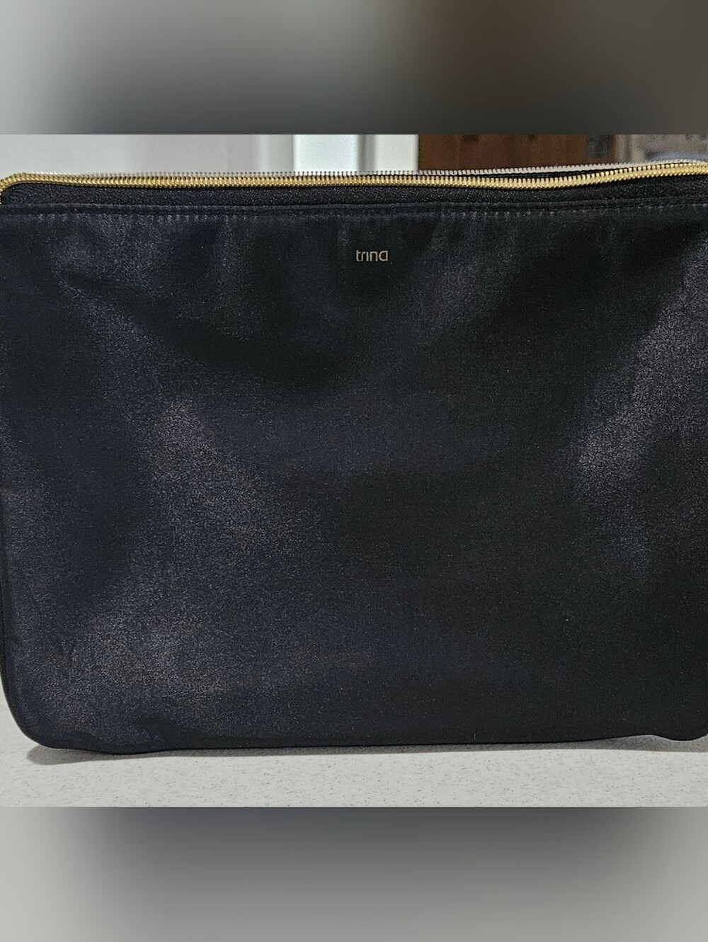 Trina Turk Black Satin Clutch Pouch – Gold Zip ✨